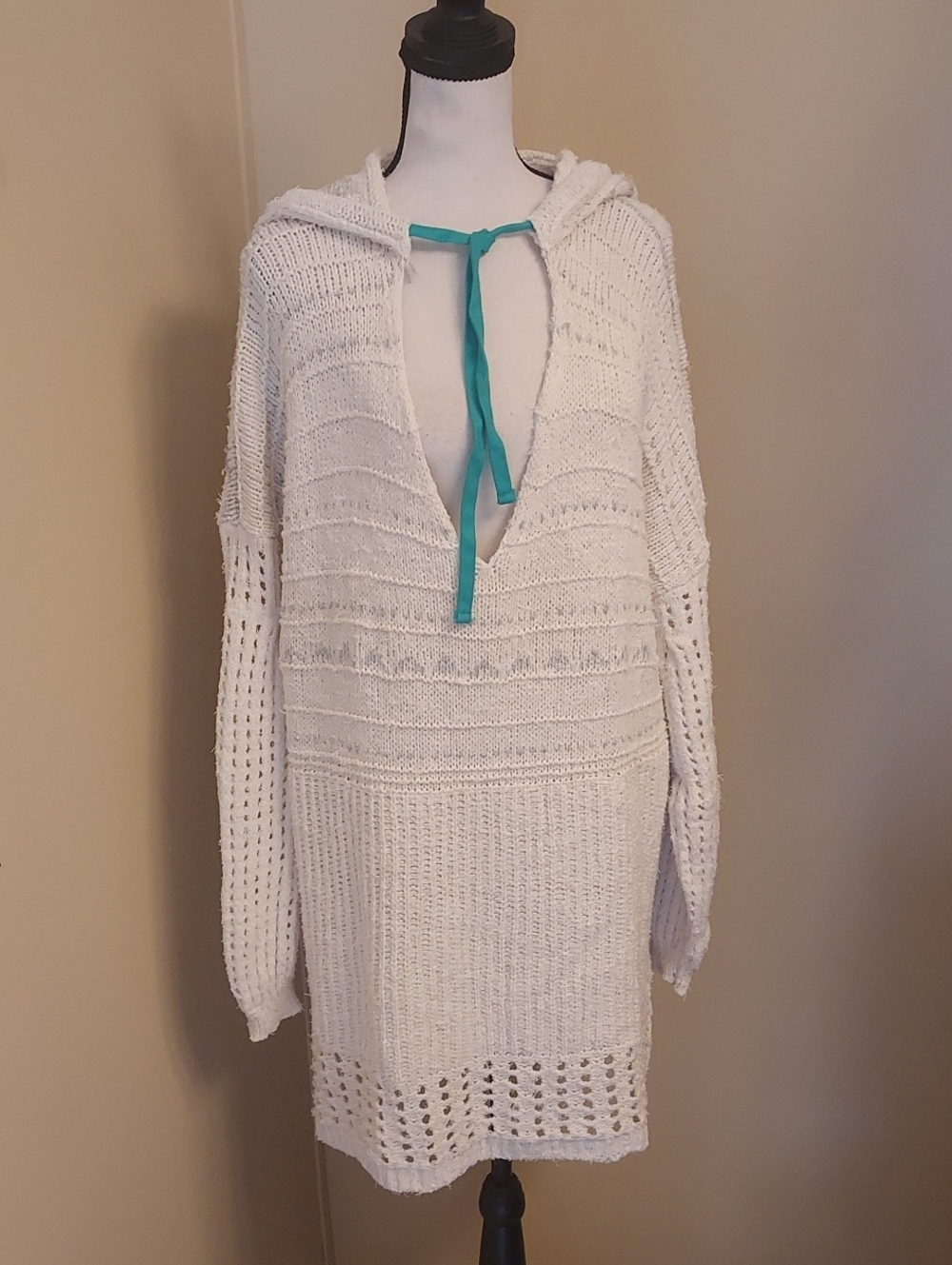 Free People Women’s White Crochet Hooded Swim Cover-Up with Teal Tie
